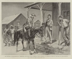 De problemen in de Transvaal, boodschapper met nieuws over de nederlaag van Dr. Jameson rustend bij Chapman